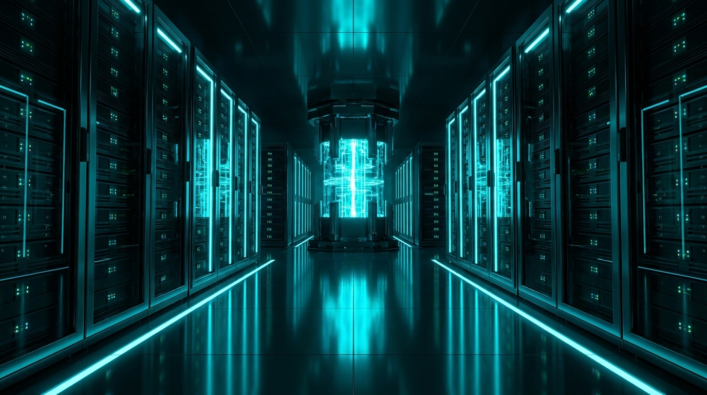 Rows of lit server racks
