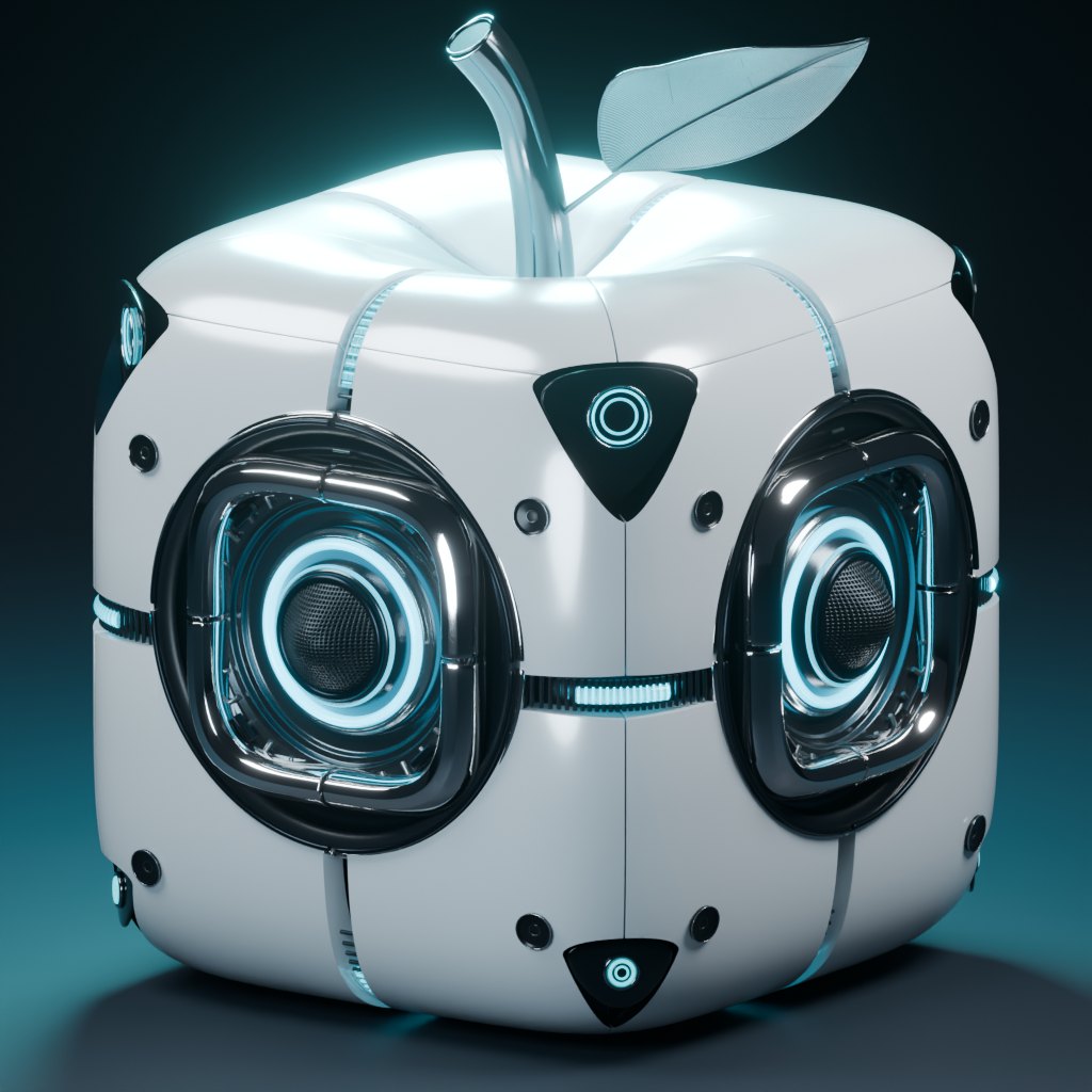Eve mechanical apple with cyan lit lenses